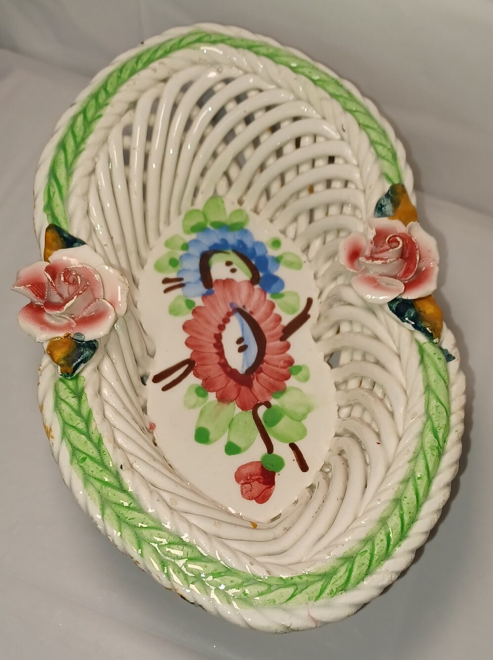 Vintage Porcelain Ceramic Lattice Weave Bowl Dish From Spain Beautiful Florals - Picture 2 of 12